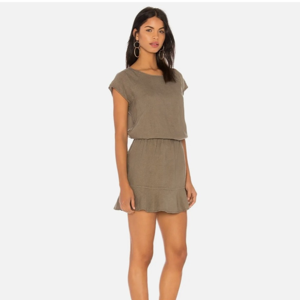 Joie Size XS Quora Mini Dress Olive Green Linen Elastic Waist Ruffle Hem